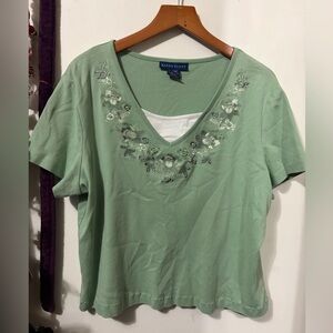 Karen Scott Light Green Embellished V-Neck Tee